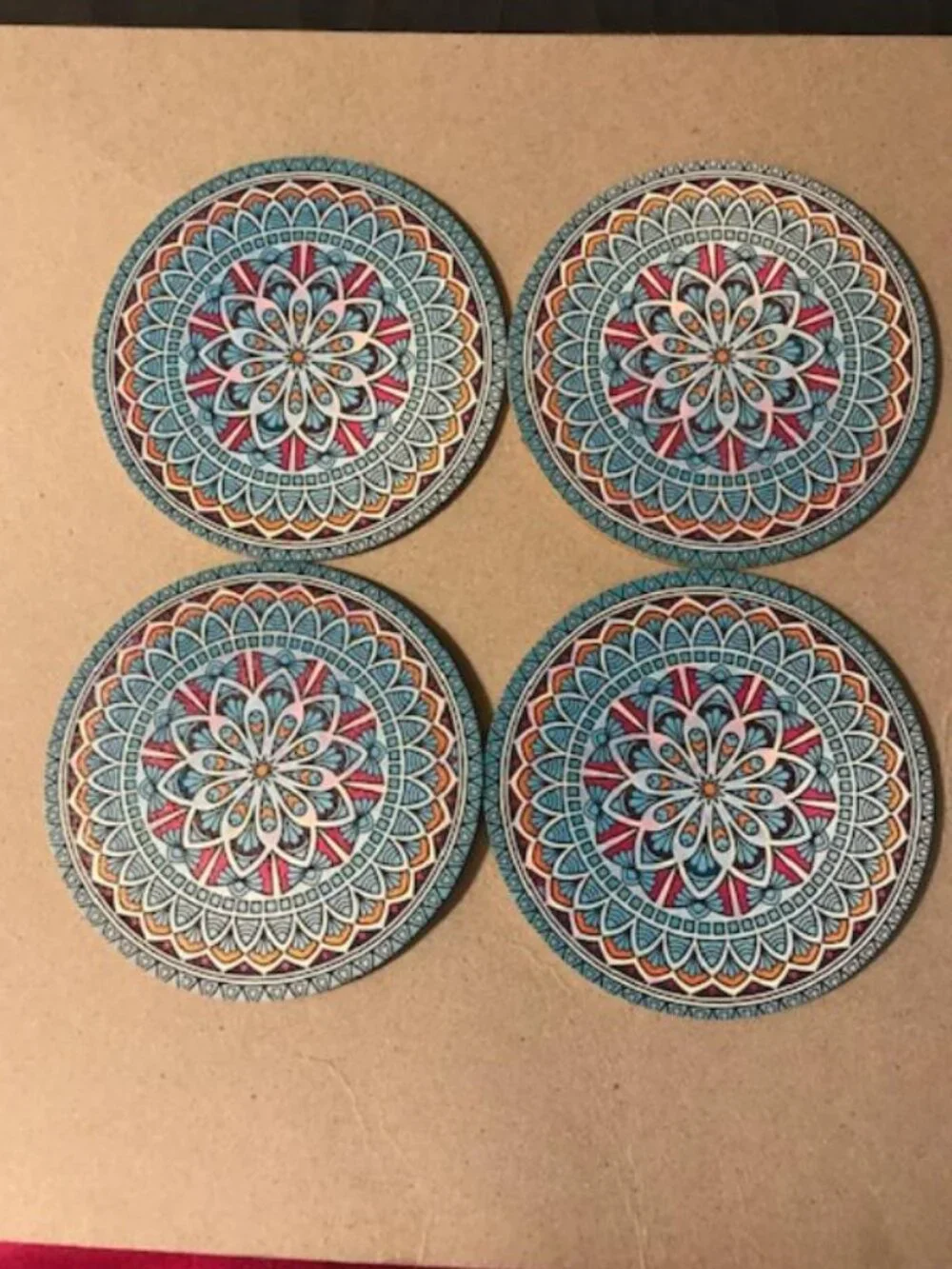Wooden 4 pc Balance Mandala Coaster Set Lotus Geometric Pattern India 107